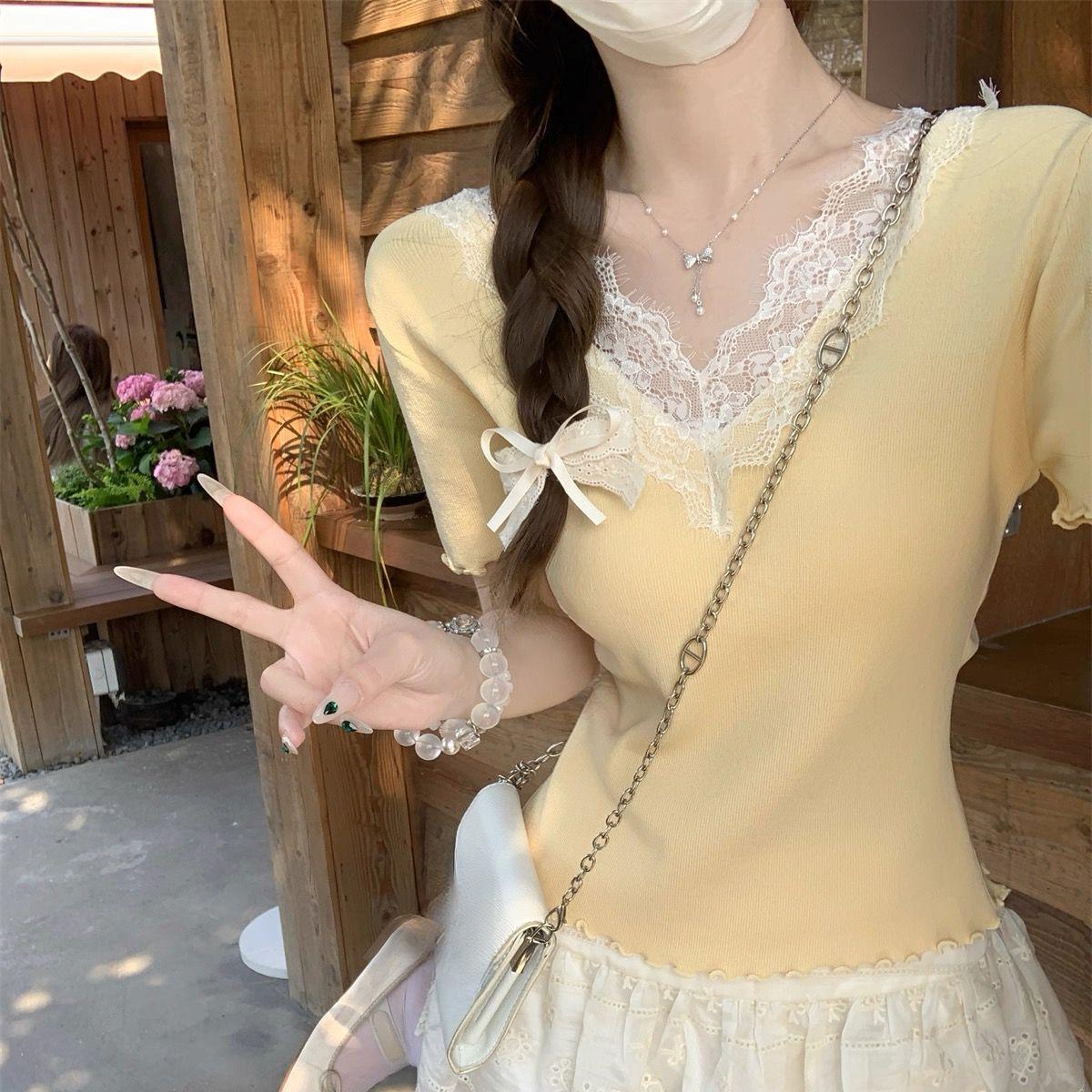 

Кружевная лоскутная трикотажная футболка с V-образным вырезом и короткими рукавами, Универсальный короткий топ для женщин one size жёлтый