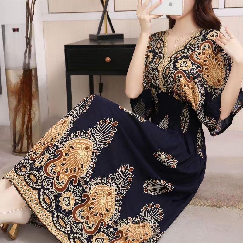 Ethnic Style V-neck Cotton and Silk Short-sleeved Beach Dress Thailand Travel Dress Summer Print Vacation Floral Skirt