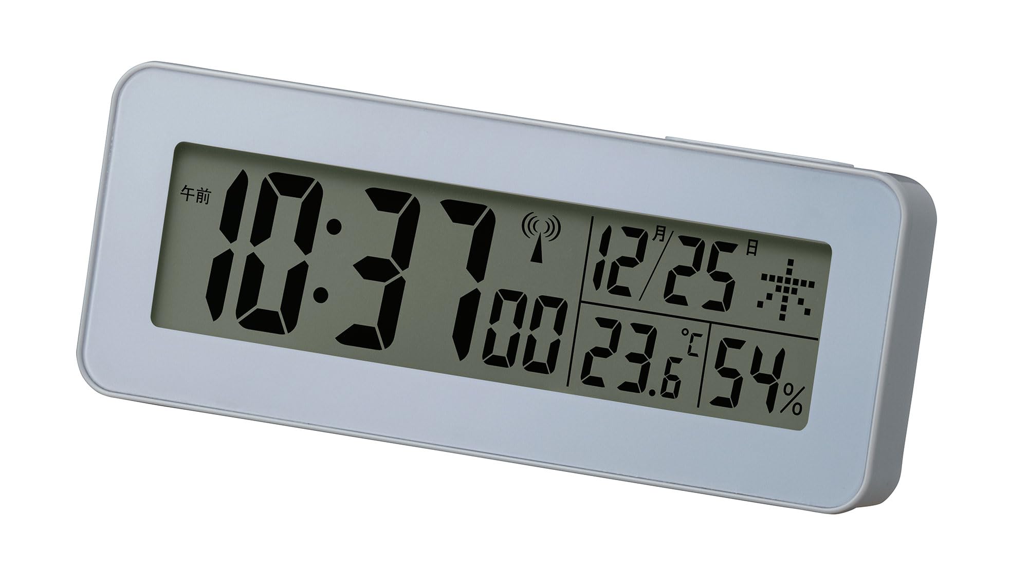 RHYTHM Radio-Controlled Digital Alarm Clock with Electronic Sound (with Snooze), Thermometer, Hygrometer, Light, and Calendar, Stylish Grayish Blue, 6