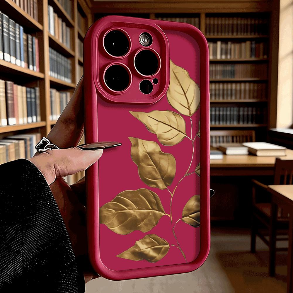 Golden Leaf Branch Phone Case for iPhone 17 16 15 14 13 12 11 Pro Max Plus Anti Scratch, Gel Flexible Protective