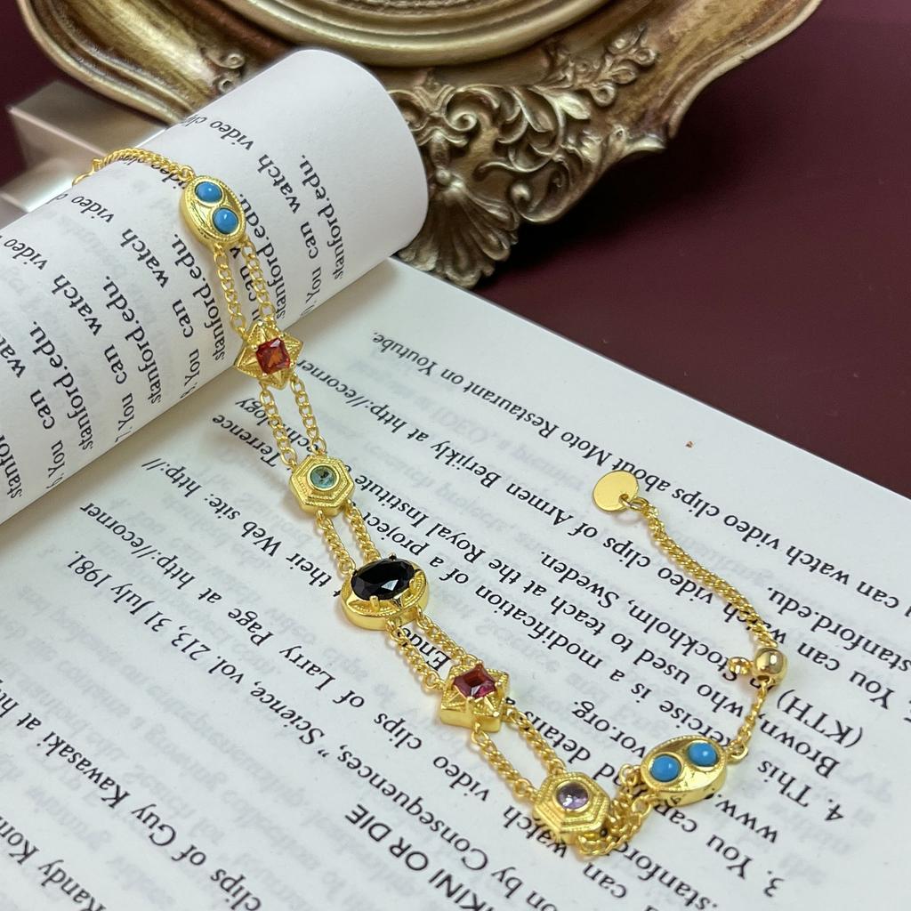 French Sweet Xiaoqing Color Double-Layer Bracelet Gold-Plated Western Retro Niche Temperament Medieval Jewelry Women
