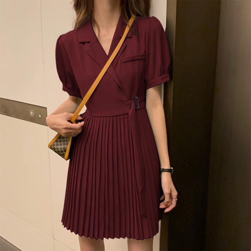 

ZANZEA Women Turn Down Collar Summer Casual Short Sleeve Pleated Dress 4XL вина червоного кольору