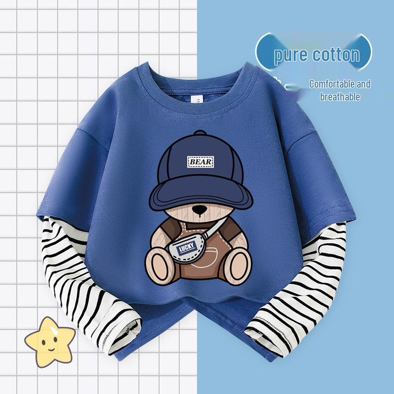 Boys' Cartoon Patchwork Long-Sleeve Striped Cotton T-Shirt