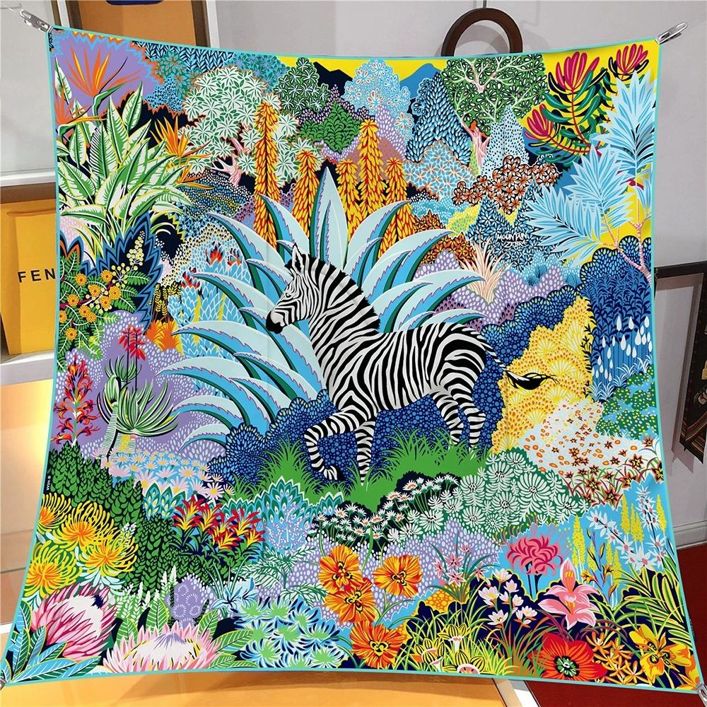 Women Daily 90CM Square Twill Scarf Shawl Hijabs Luxury Jungle and Zebra Printed Bandana Foulard Neckerchief For Ladies