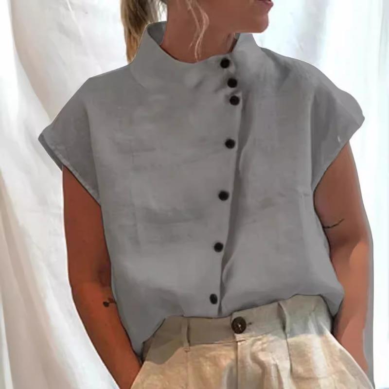 Stand Color Buttons Summer Women Blouse Casual Loose Fashion Shirts Solid Color Office Streetwear Simple Short Sleeve Tops New Sweet Clothing