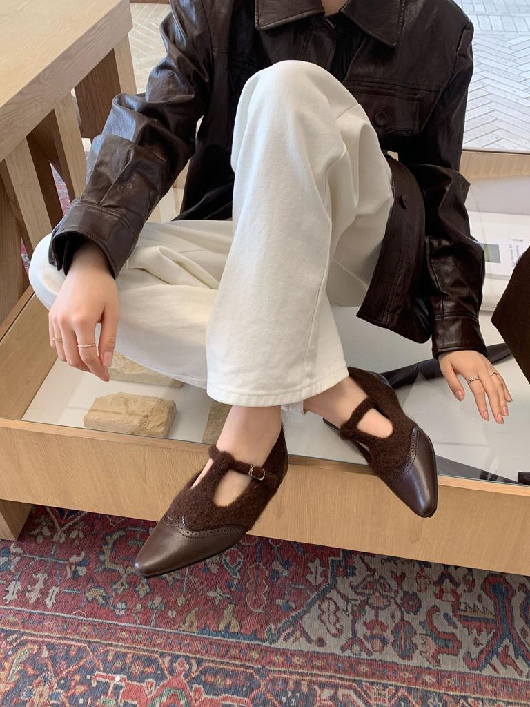 2025 Winter Atmosphere! Temperament Woolen Pointed Splicing Mary Jane Shoes Women's Autumn Velvet Inner Height-increasing Single Shoes