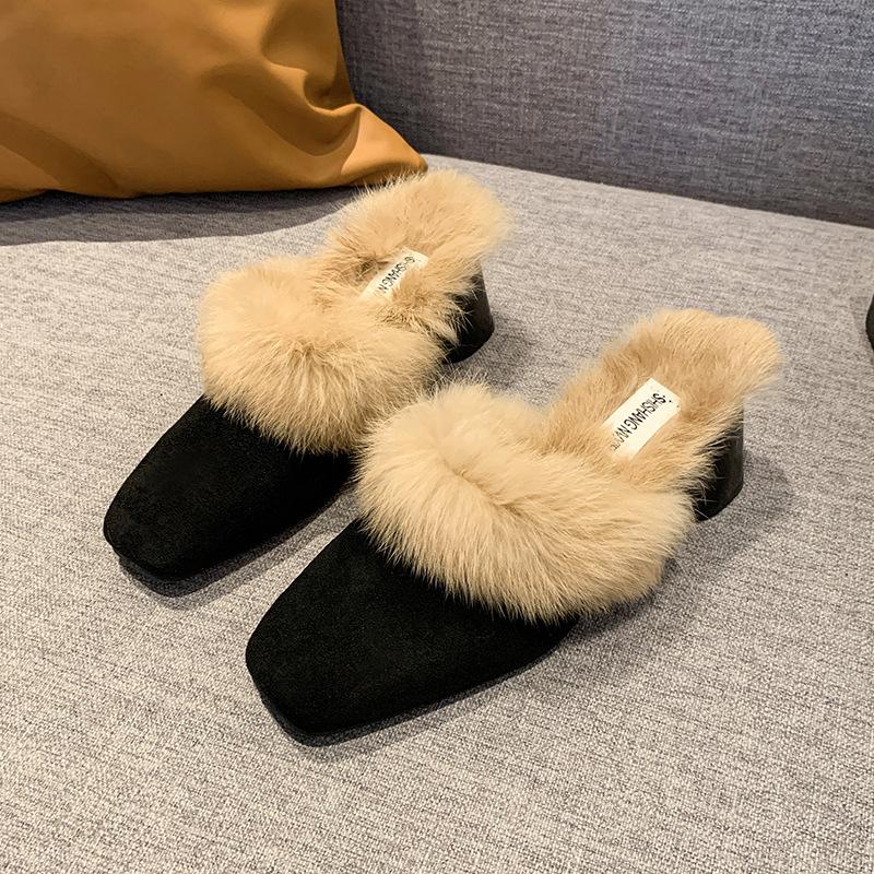 Baotou Large Size Autumn and Winter Velvet Square Head Slippers Suede Solid Color Thick Heel Fluffy Shoes Lazy Shoes Casual Fashion Women's Drag