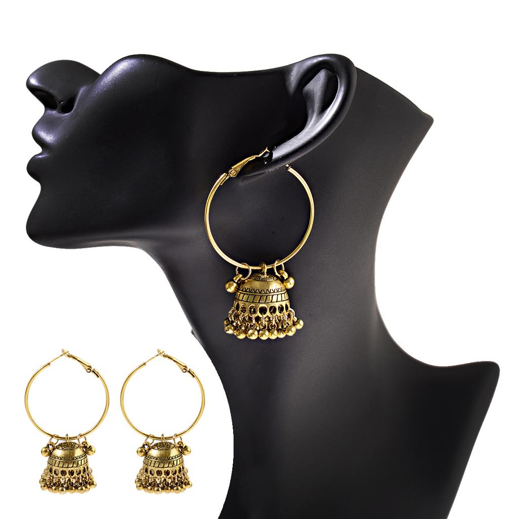 Kvinners Boho Etnisk Gull kobberbelagt Jhumka Indisk Øredobb Gypsy Zirkon Vintage Store Bjeller Dingle Hengende Øredobber For Kvinner