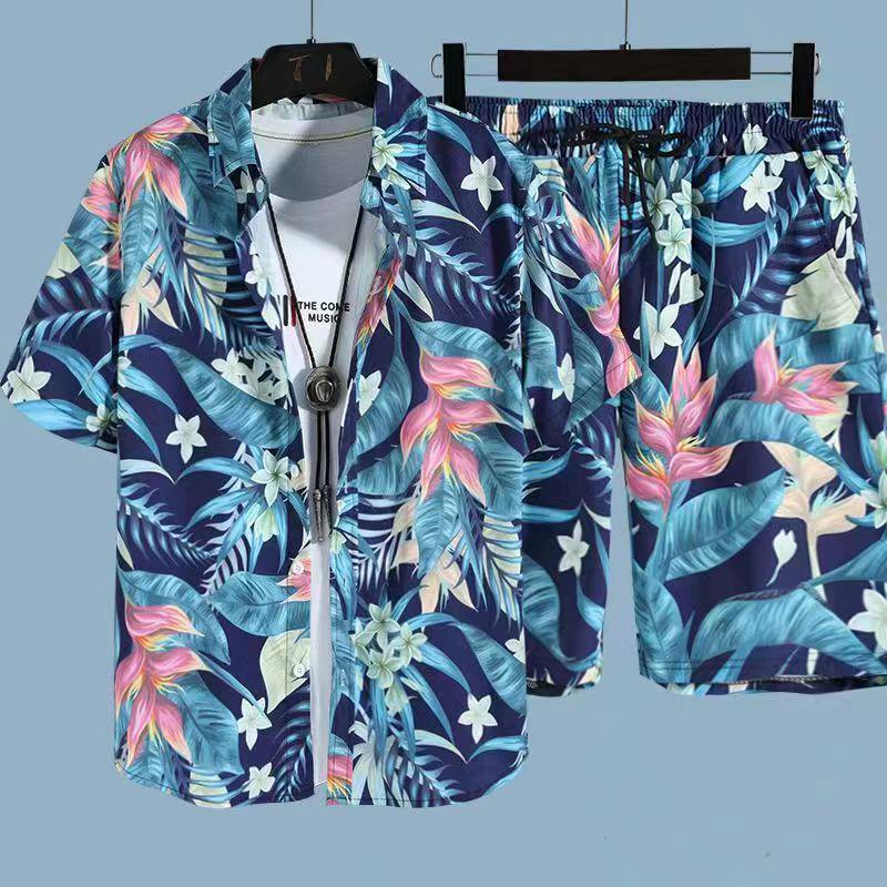 Set Coordinato da Uomo Casual a Maniche Corte Floreale Hawaiano ad Asciugatura Rapida e Pantaloncini da Spiaggia