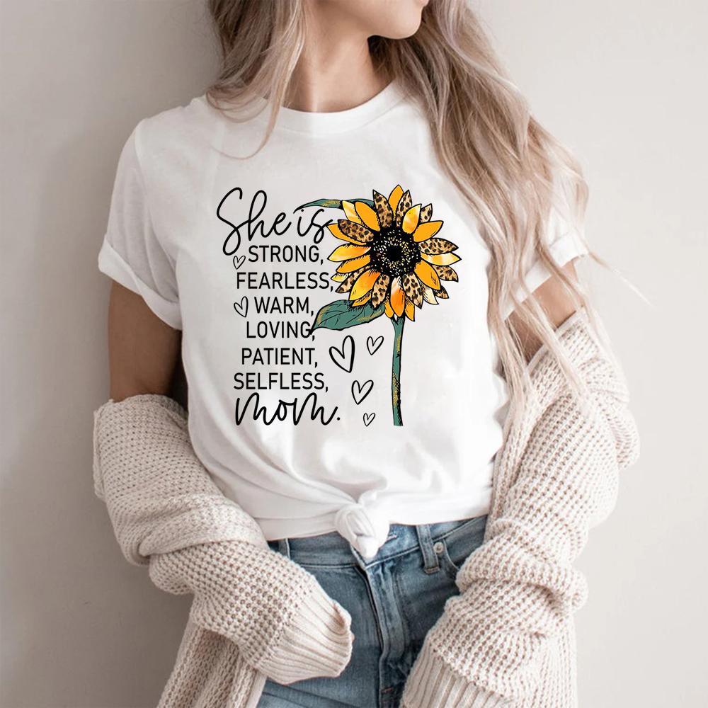 Sunflower Mom T-Shirt Soft Cotton Casual Tee, Leopard Print Sunflower She Is Mom Quote Graphic Top