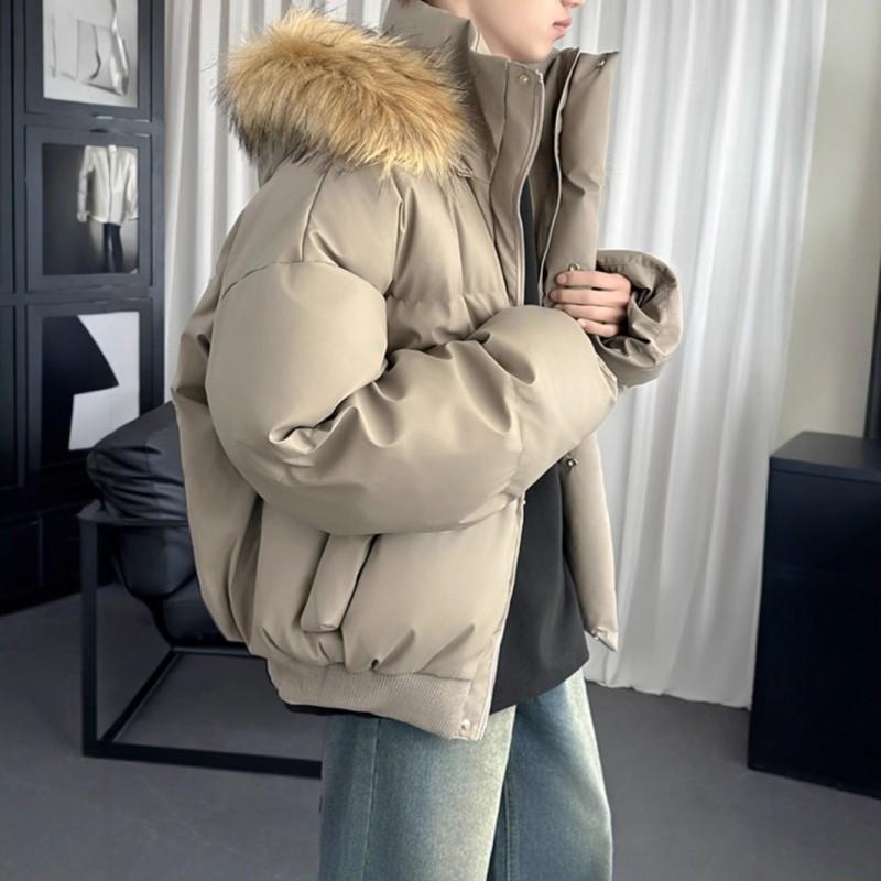 Short Puffer Parka With Faux Fur Trim Unisex Winter Thick Hooded Cotton Coat Solid Color Casual Warm Outerwear