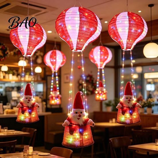 Colorful Party Atmosphere Lights Christmas Santa Claus Hot Air Balloon Lantern, Lighted Outdoor Decoration with Reusable Supplies LED String