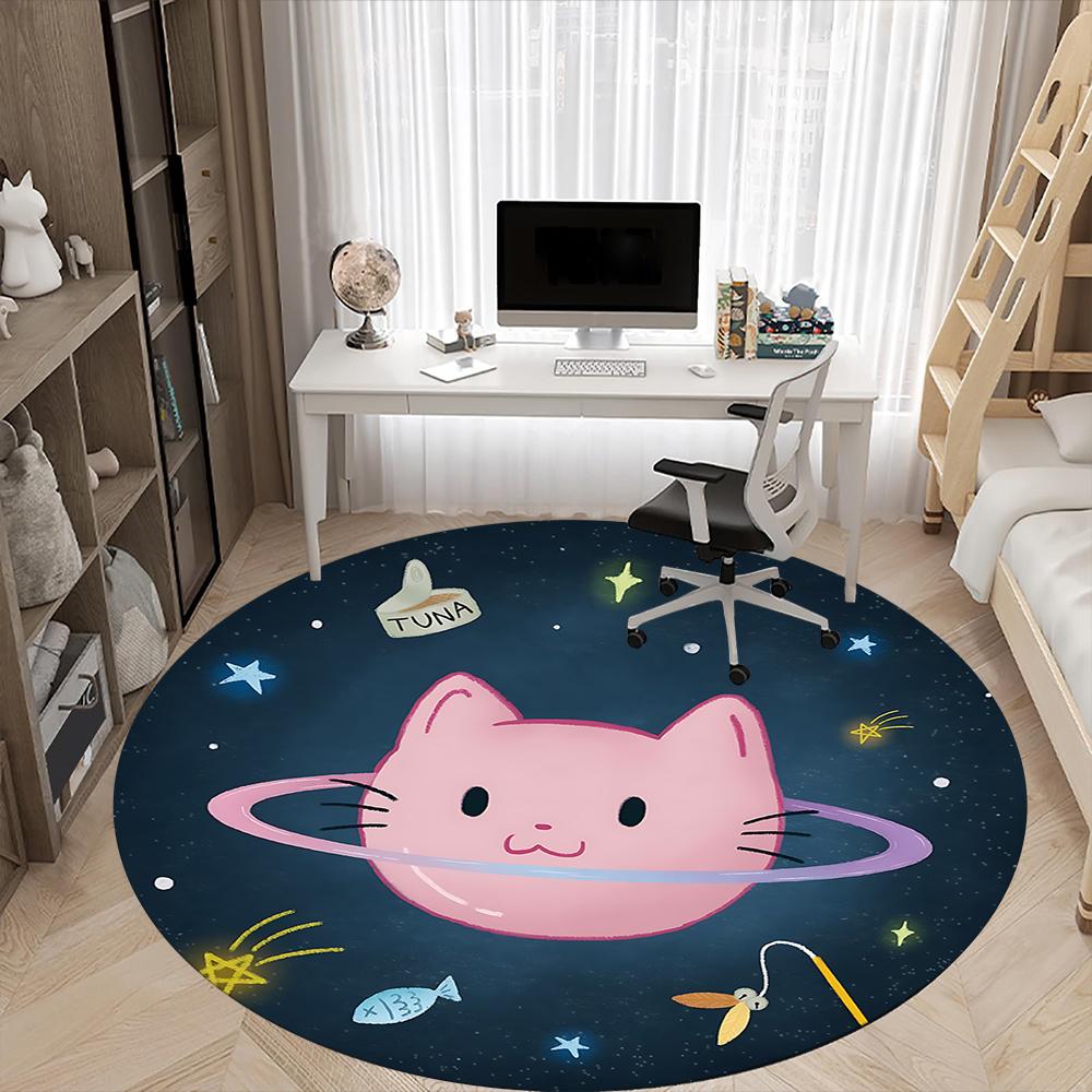 1pc Space Cat Office Round Area Rug, Indoor Mat Suitable ForOffice, Under Office Chairs Bedroom Living Room Home Decor, Room Deco q043
