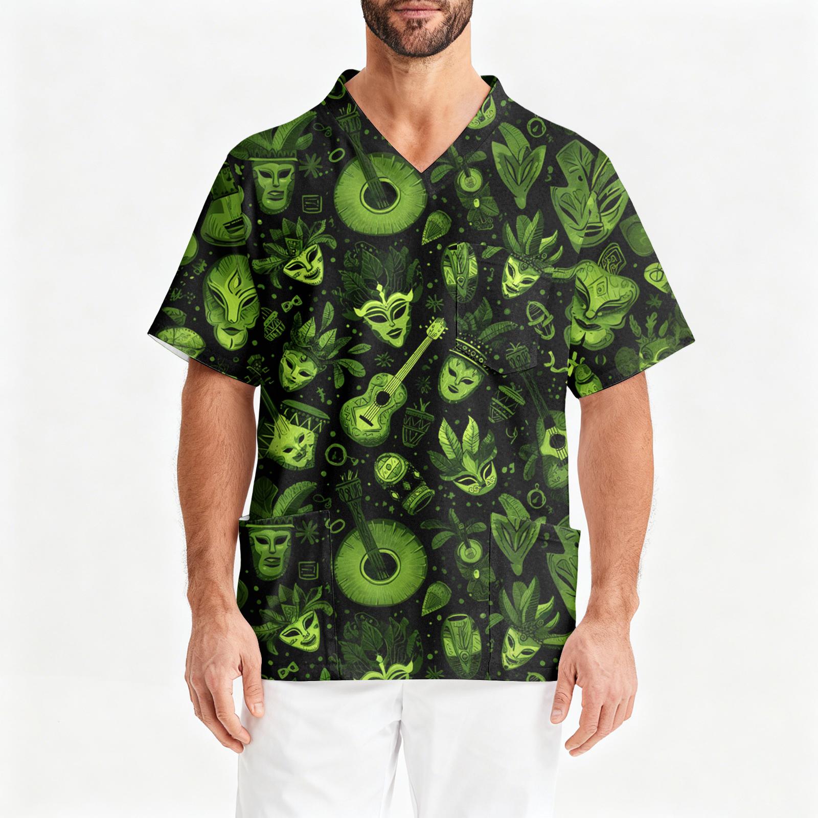 Мужская рабочая блузка с короткими рукавами и v-образным вырезом с принтом, топ с нагрудным карманом S