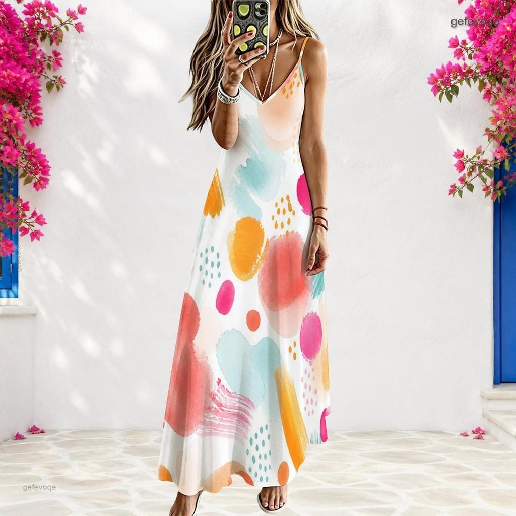 Women Plus Size Spaghetti Strap V Neck Sleeveless A Line Blue Black Printed Long Dress