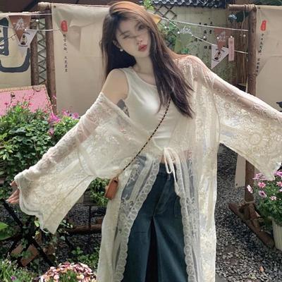 Spets Långa Jackor Dam Sommar Genomskinlig Snörning Koreansk Semester Fairycore Solskydd Andningsbar Temperament