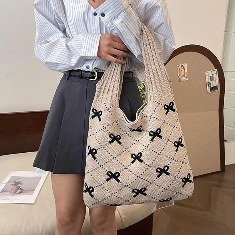 Chegada Nova 2026 Moda Ins Feminina Bolsa Tote de Tricô Grande Capacidade Padrão de Laço Bolsa de Ombro Tecida para Uso Diário