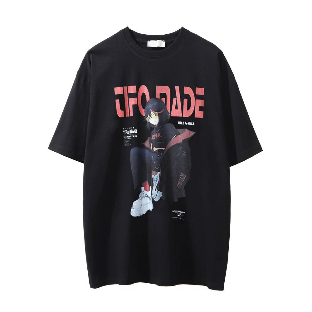 

Мужская футболка с короткими рукавами и принтом аниме-персонажей, свободная и повседневная, летняя потертая футболка с круглым вырезом, уличный модный топ L