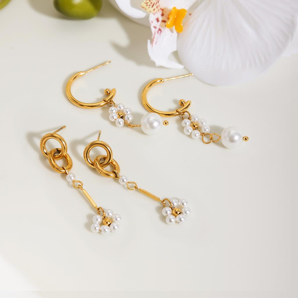 Youthway Elegant Imitation Pearl Flower Drop Earrings For Women  Gold Plated Stainless Steel Earrings Simple Fashion Jewelry