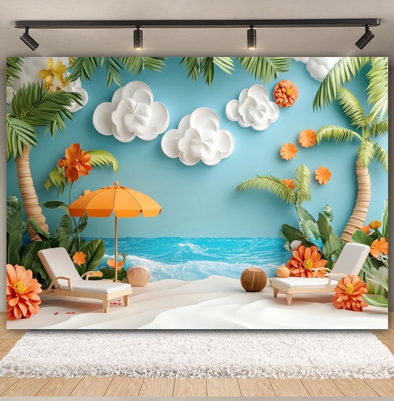Summer Beach Backdrop Hawaii Tropical Seaside Sunshine Blue Sky Palm Tree Baby Birthday Holiday Party Photography Background