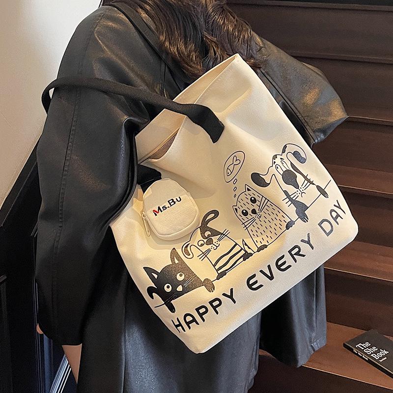 Autumn Winter Lightweight Canvas Tote Bag - Versatile Large Capacity Shoulder Bag for Women and College Students