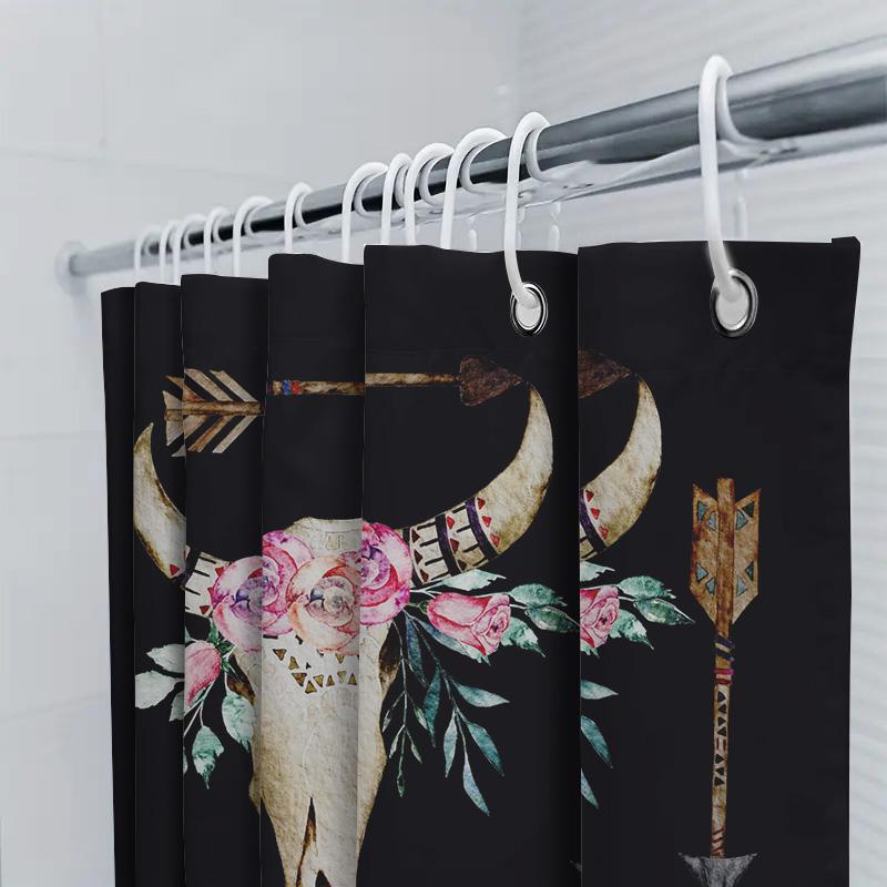 Rustic Bull Skull Shower Curtain Floral Arrow Boho Decor For Bathroom Black Waterproof Fabric Size 72X84 Inches (180*213Cm)