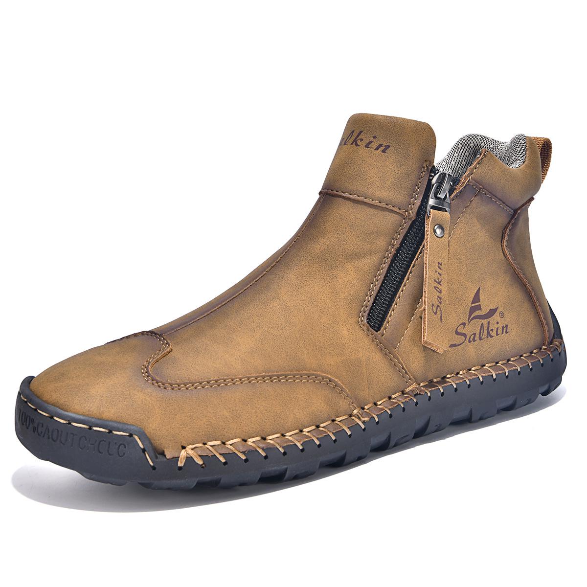 Plus Size Men s Hand-Stitched Mid-Top Martin Boots with Zipper - Fashionable Flat Bottom Outdoor Casual Boots 44