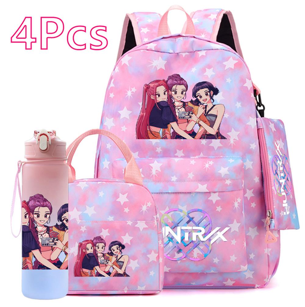 4Pcs/set Anime Cute K-POP Printed Backpack Large Capacity Bookbag HandBag Case Bag with 750ml Water Bottler Boy Girl SchoolBag Waterproof Mochila