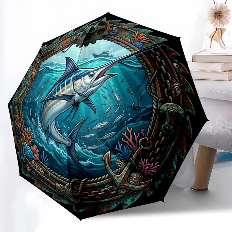 Marine Life Adventure pattern umbrella, portable and foldable design, 8 ribs, a casual accessory for Halloween, Christmas, and birthday gifts. разноцветный