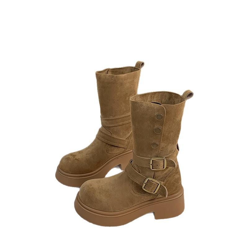 [Fanfna] The belt buckle is folded and two short boots are worn. Women's 2025 autumn new thin leg western straight knight boots