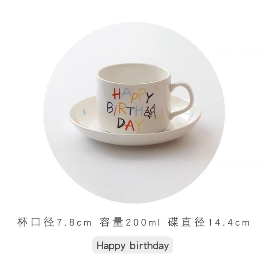 Koreanischer Cartoon Handgezeichnete Tasse Alles Gute zum Geburtstag Keramik Frühstückstasse Kuchenteller Niedliches Kaffeebecher und Tellerset Als Geschenk