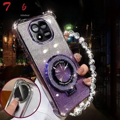 Stoßfeste Glitzer-Plattierungshülle für Xiaomi Redmi 14C Note 14 Pro 4G 5G Kristallarmband Magsafe Handyhalter Abdeckung