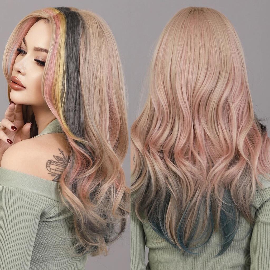 Długie czarne proste peruki dla kobiet Syntetyczne pasemka Blond peruka warstwowa z grzywką kurtynową Peruka do włosów o dużej gęstości