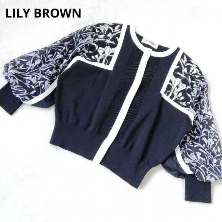 LILY BROWN Flower Jacquard Cardigan 3/4 Sleeve Floral Pattern Sheer Material Powan Sleeve Monotone Feminine Elegant F Knit