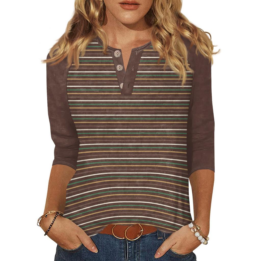 Women's T Shirt Print Button 3/4 Sleeve Daily Weekend Fashion Basic V- Neck Regular Top