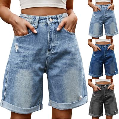 Modische, einfarbige Jeansshorts mit Löchern und gerollten Kanten für Damen