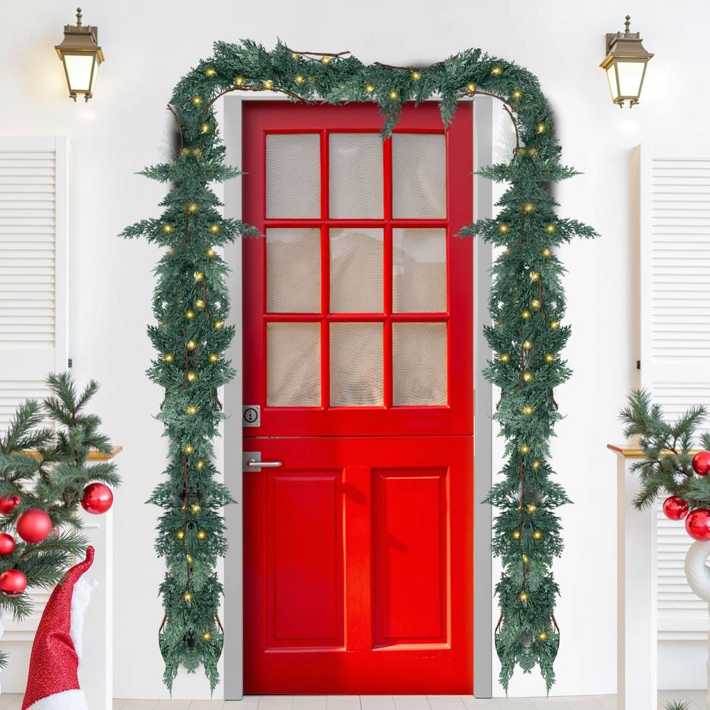 Christmas Cedar Garland Artificial Pine and Cypress Vine with Lights Christmas Table Curtain Outdoor Indoor Winter Decoration