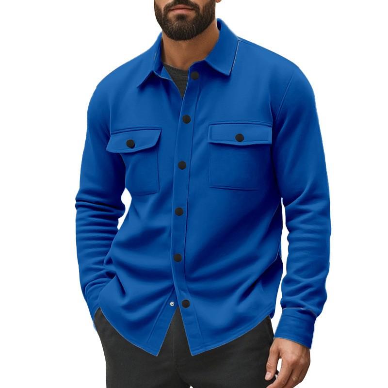 Mens Fleece Jacket Casual Solid Color Collared Single-Breasted Windproof Workwear Young Adults