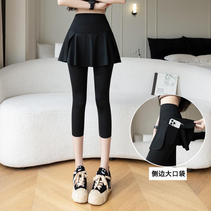 Women's High Waist Skirt Pants Pocket Design Three Quarter Shark Pants Loose Fit Breathable Yoga Shorts Tennis Skirt Pants