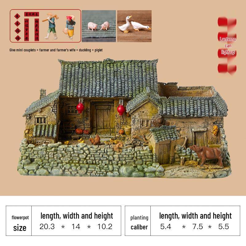 Retro Farmhouse Courtyard Miniature: Nostalgic Desktop Bonsai Decor for Living Room
