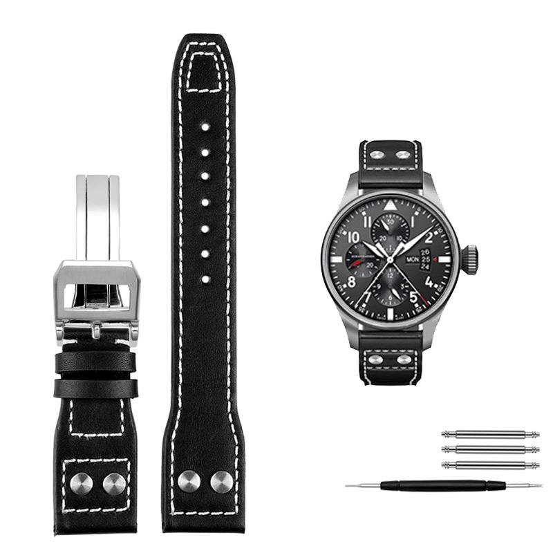 Für IWC Big Pilot Mark 18 Spitfire Braun blau Rindsleder Faltschließe Uhrenarmband Herren Echtes Leder Nieten Armband 21 22mm