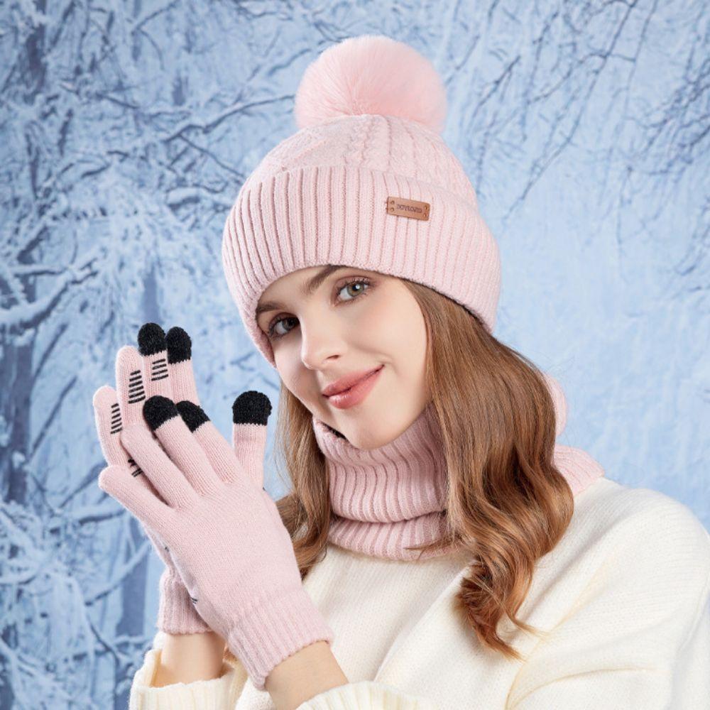3pcs Wool Thermal Knit Cap Warm Winter Beanie Hat Soft Hat Scarf Gloves Set Skiing