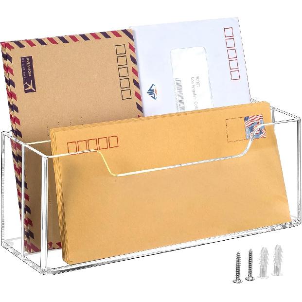 BEYGORM Acrylic Mail Organizer for #10 Envelopes, 2-Slot Wall-Mounted & Countertop Letter Holder, Clear Hanging Mail Rack for Home Office