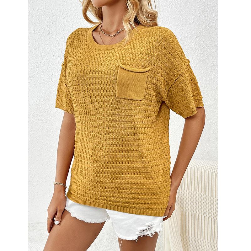 New Spring/Summer Women's Pullover Pocket Home Short Sleeve Solid Color Women's Knitwear
