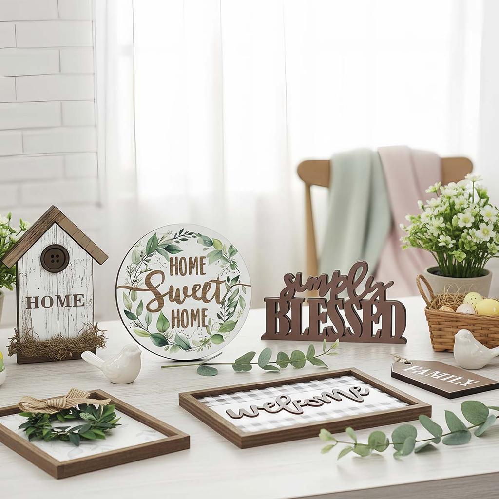 Set of 11 Farmhouse Tiered Tray Set, Rustic Home Tiered Tray Decorations Wooden Signs Farmhouse Tabletop Wood Signs for Kitchen Table Shelf Decor