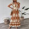 Women European American Fashion Smocked Waist Printed V Neck Short Sleeve Ruffle Long Dress