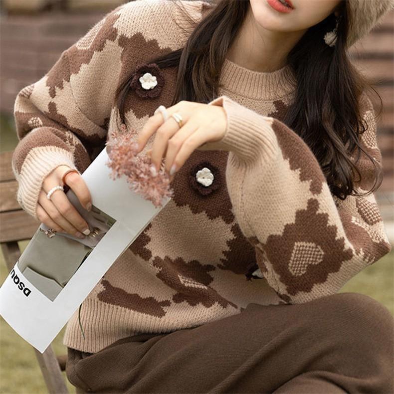 Heart-shaped Knitted Sweater for Women's Autumn and Winter Loose Checkerboard Checkerboard Pullover Sweater