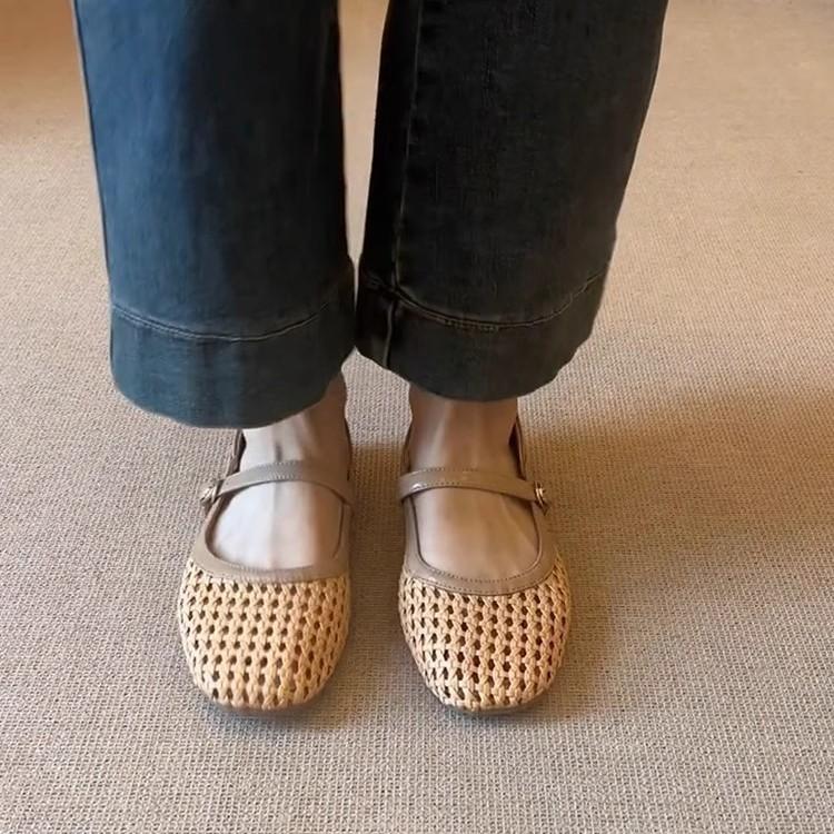 Soft Leather Version~ French Literary and Artistic Style Woven Hollowed-out Outer Wear Breathable Mary Jane Sandals Women's Word with Flat Shoes