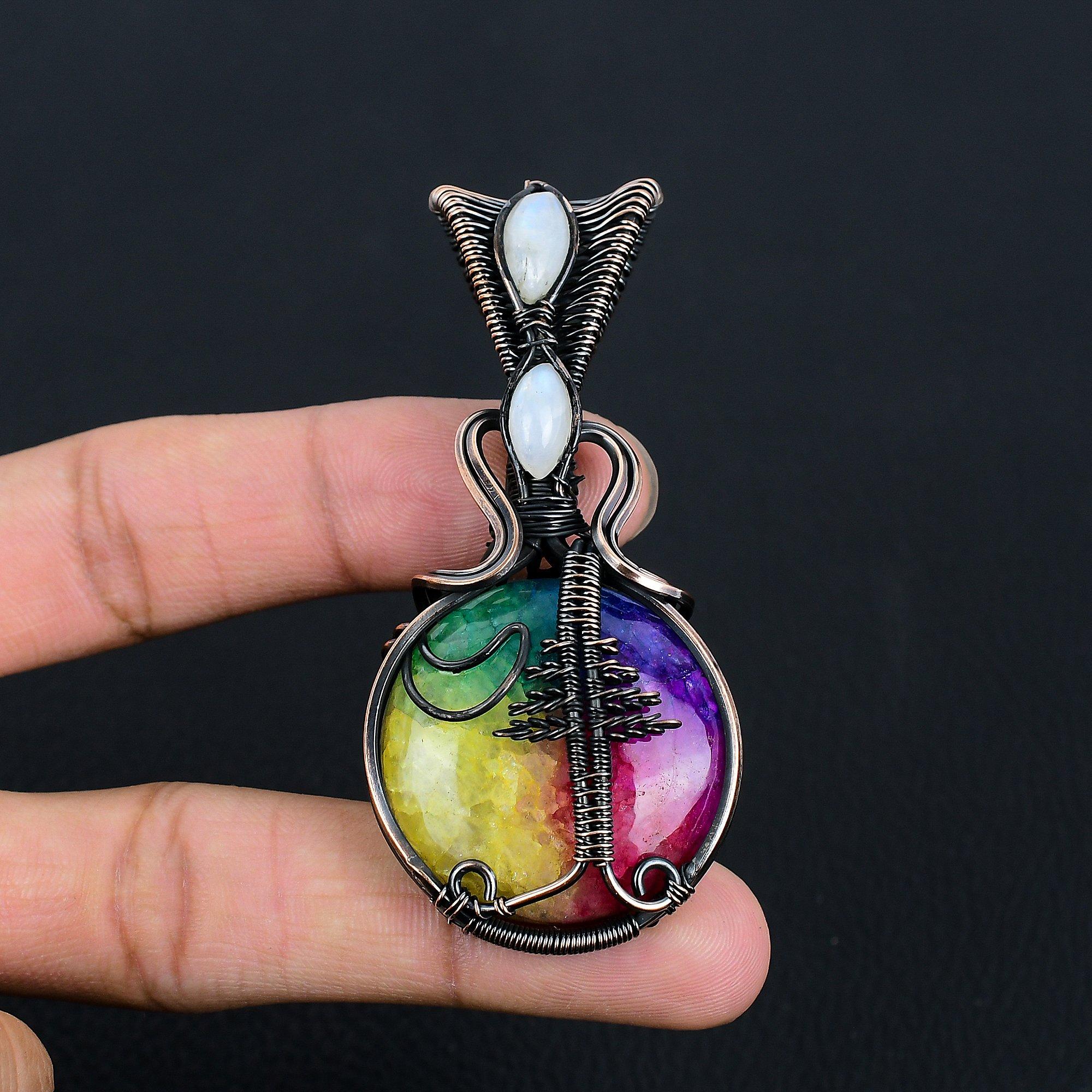 

Кулон из Радужного Солнечного Кварца, обернутый медной проволокой 999 пробы, Ювелирное изделие с подвеской из драгоценного камня ручной работы, Подарки для жены, Новая подвеска 2.55 Inches