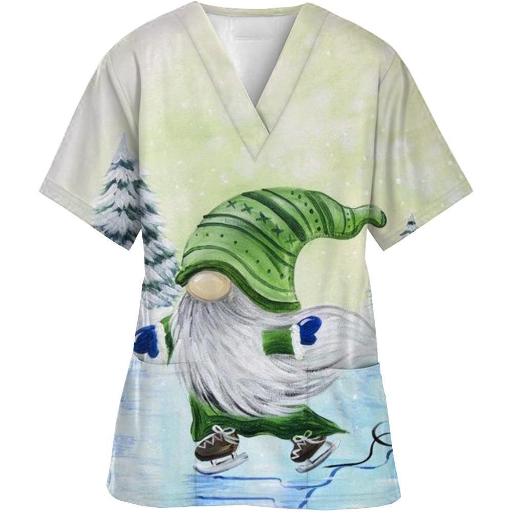 Nurse Uniforms Women Merry Christmas Print Short Sleeve V-Neck Scrubs Working Medical Blouse Overalls Uniforms Medical Nursing